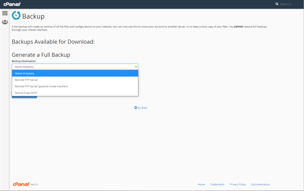 backup option cpanel