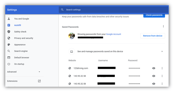 screenshot from chrome showing examples of stored passwords